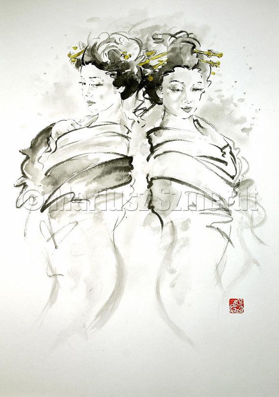 Japanese nude girl ink paintings